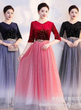 大合唱演出服女长裙学生蓝色成人朗诵服装主持人长款合唱团晚礼服