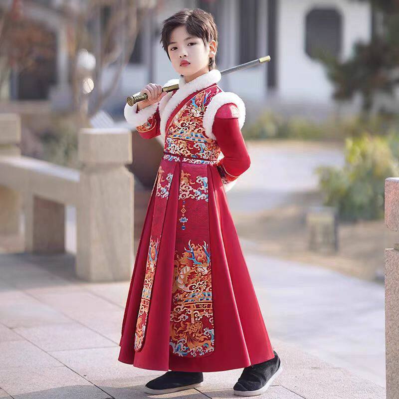 拜年服男童冬季加厚红色唐装古风