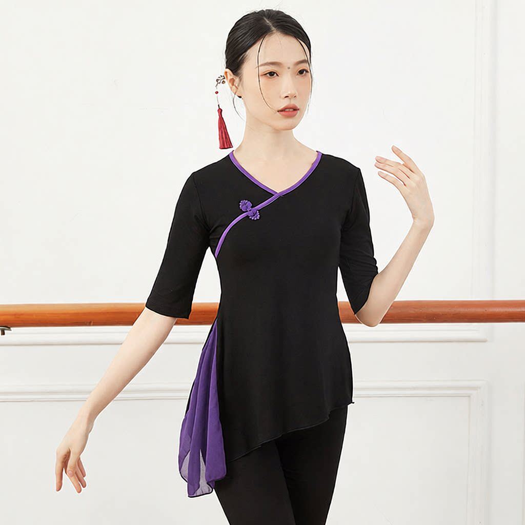 舞蹈服装女短中长袖复古盘扣撞色