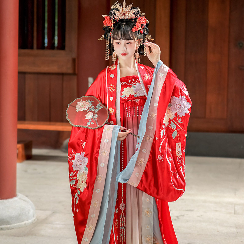 汉服女红色大袖衫唐制刺绣诃子裙