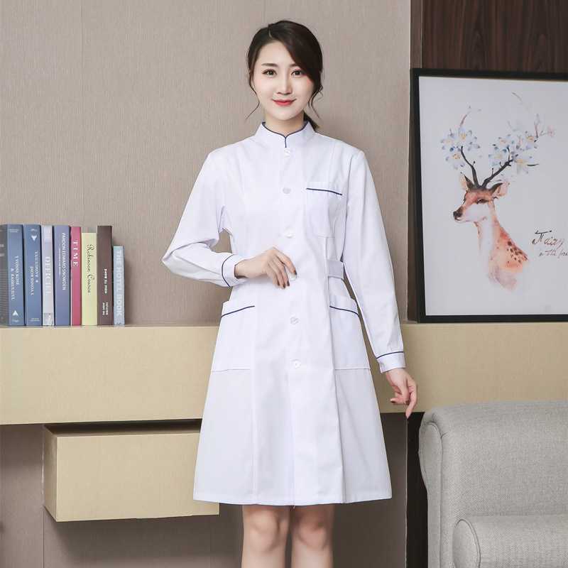 对门立领蓝边护士服女冬装修身白