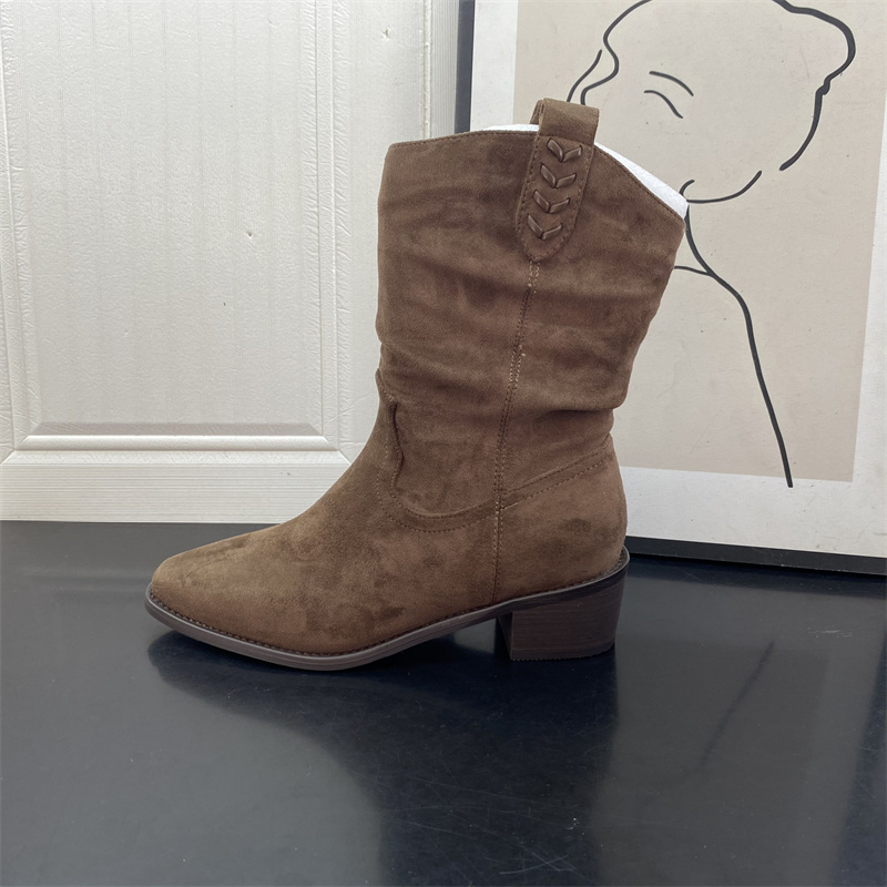 2025秋冬工厂断码新款真皮中跟户外套筒英伦褶皱堆堆靴时尚女短靴