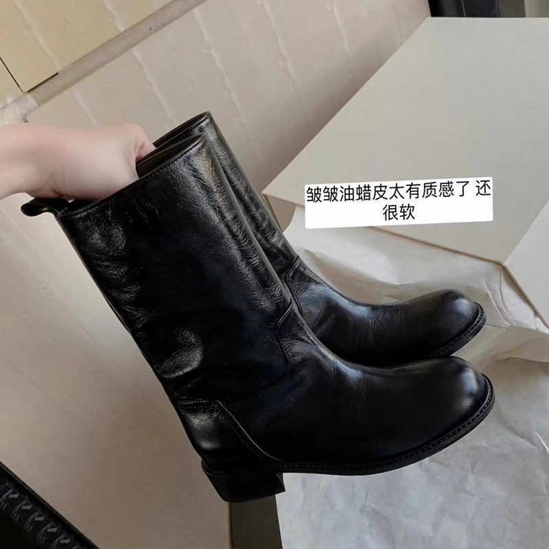 复古宽筒真皮中筒西部骑士短靴女