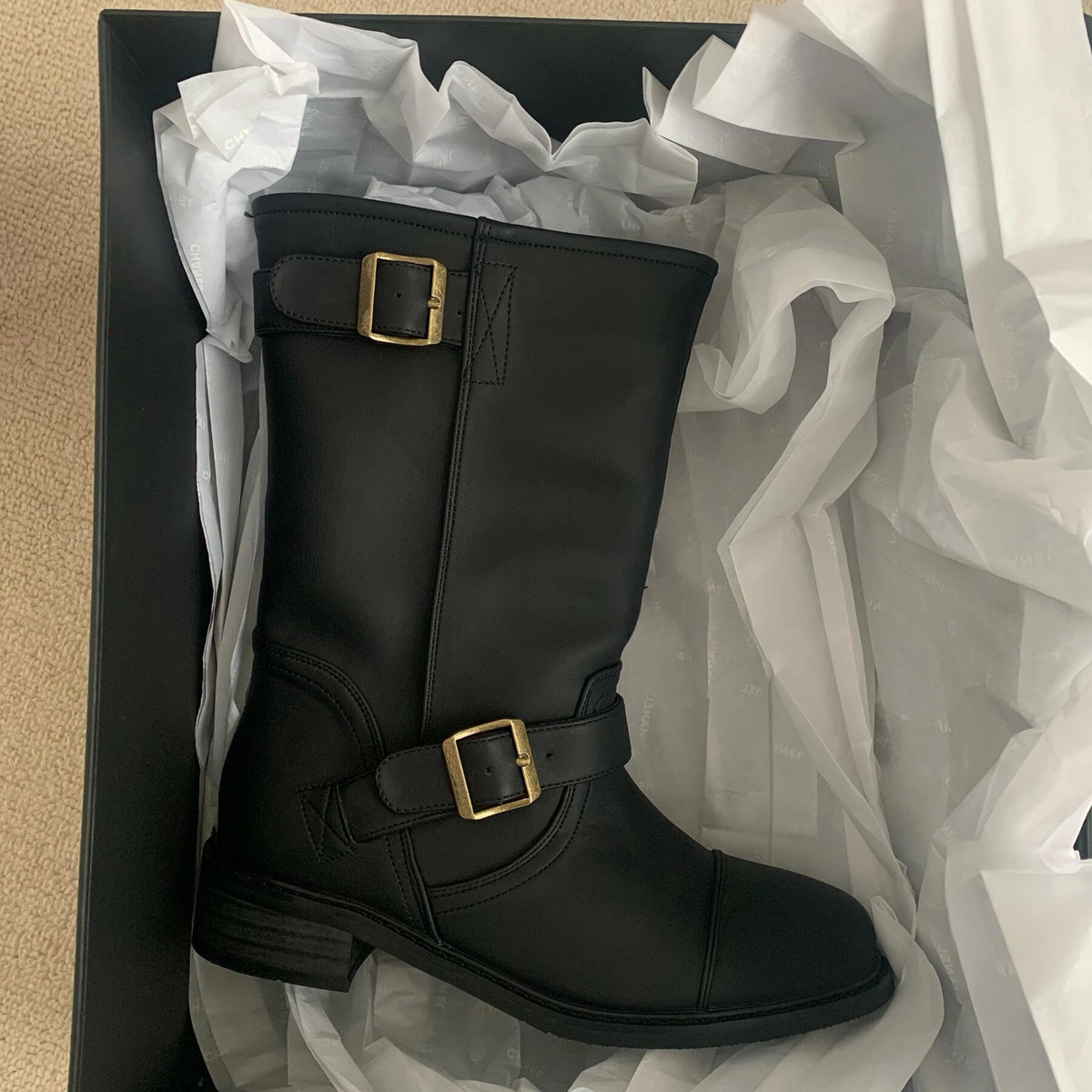 牛皮版~真皮中筒骑士靴女2024秋冬新款韩版百搭皮带扣机车短靴子