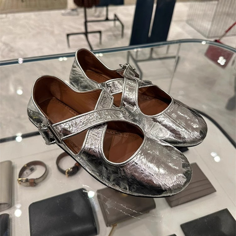 牛皮版~法式银色交叉皮扣带玛丽珍鞋女小众浅口圆头平底芭蕾单鞋