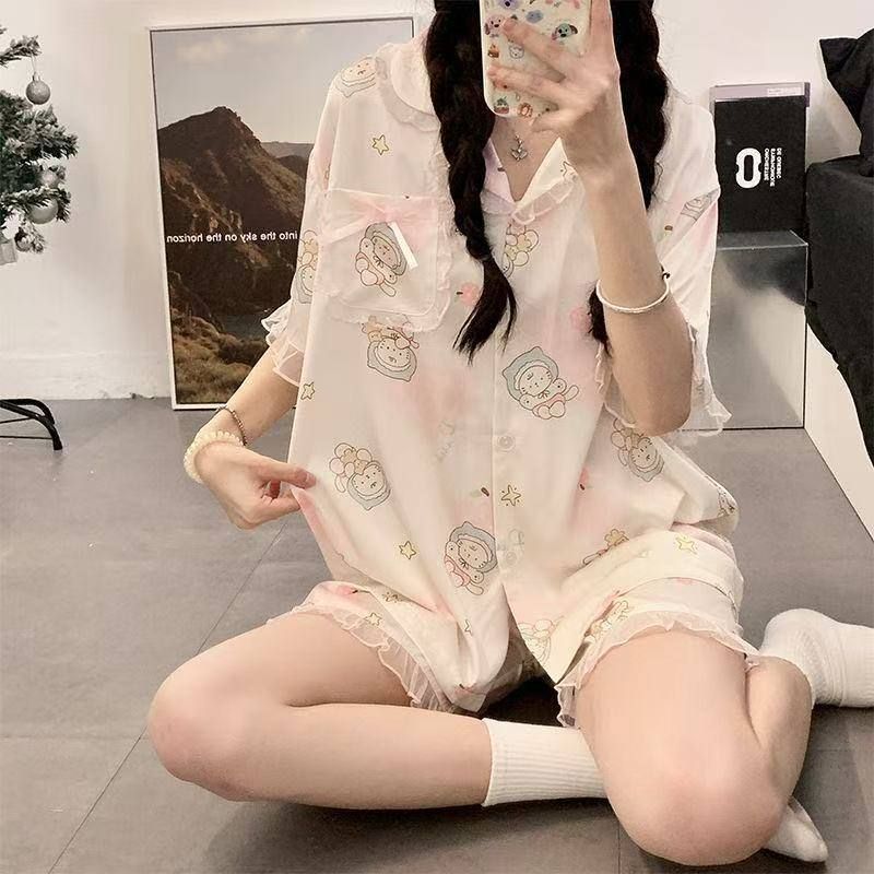 日系ins风可爱睡衣女款夏季2025新款冰丝网红丝绸夏天大码家居服