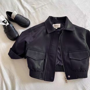 夹克潮 百搭短款 儿童外套2024春新款 男女童纯色翻领皮衣宝宝韩版