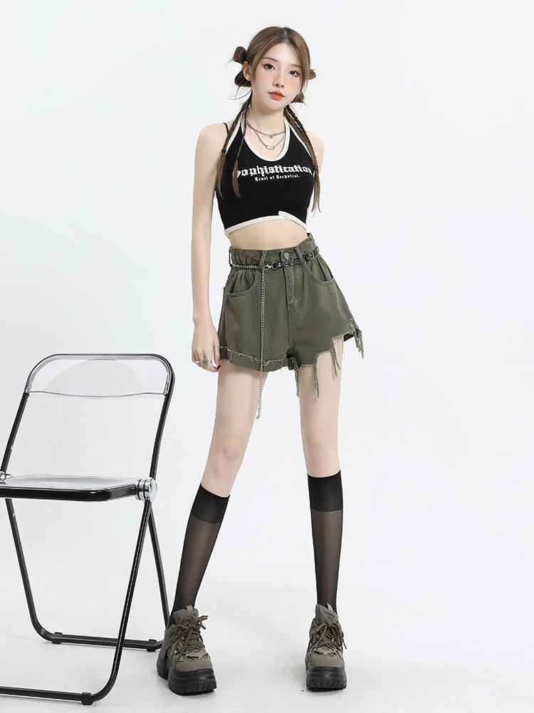 逃离地球破洞毛边高腰牛仔短裤女夏季薄款辣妹显瘦阔腿A字热裤子