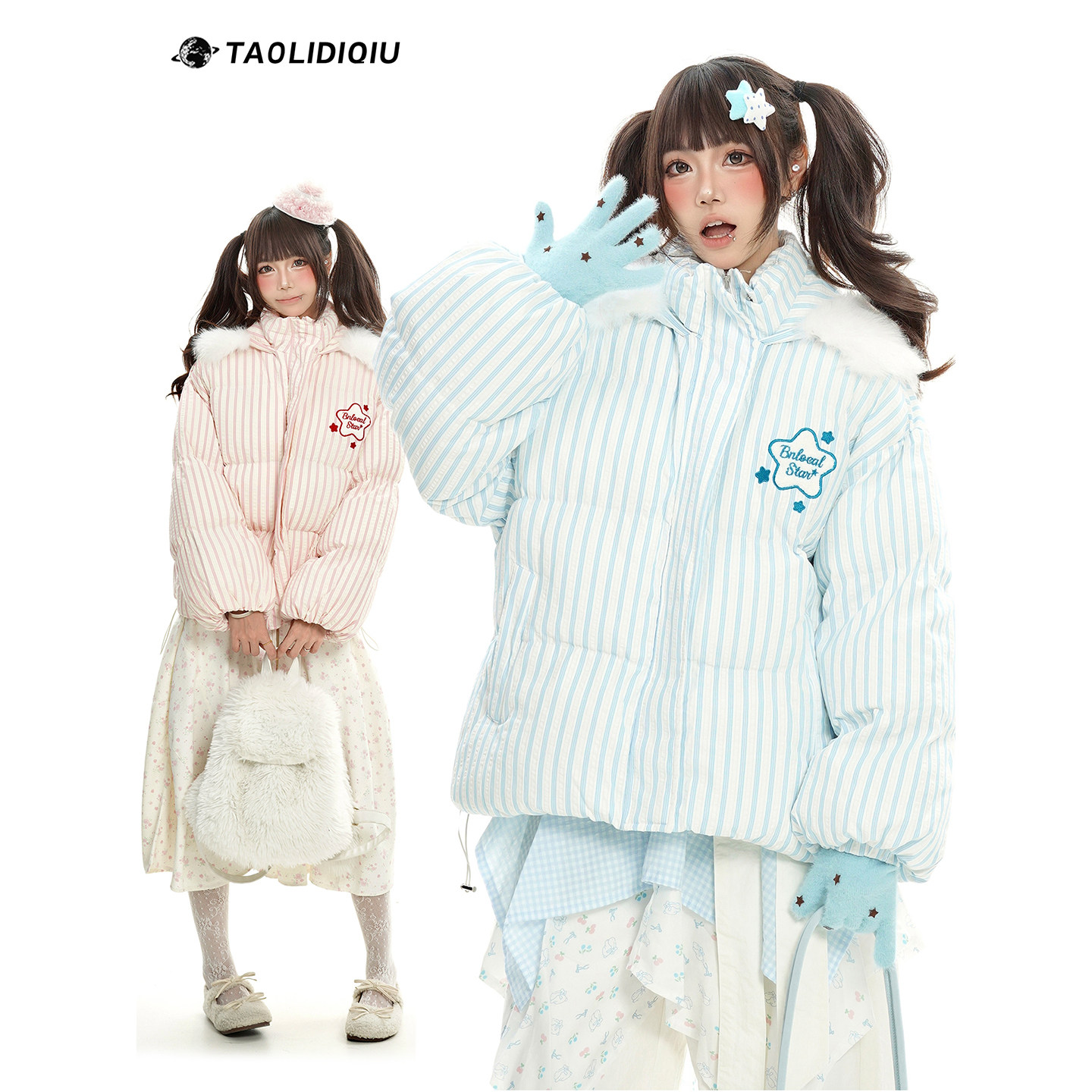 逃离地球甜美可爱兔耳朵条纹连帽棉服女冬季宽松加厚保暖棉衣外套