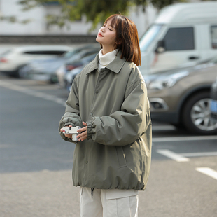 美式复古纯色翻领工装夹棉外套女冬季潮牌宽松bf休闲加厚保暖棉服