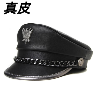新款真皮男女休闲船长帽牛皮链条春秋冬季时尚皮帽平顶帽贝雷帽子