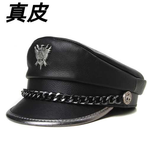 新款真皮男女休闲船长帽牛皮链条春秋冬季时尚皮帽平顶帽贝雷帽子