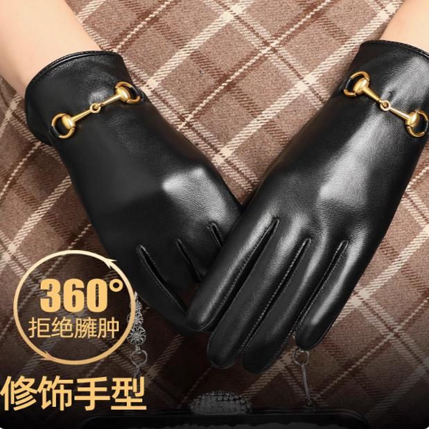 头层真羊皮手套女士冬季加绒加厚保暖开车骑行分指触摸屏时尚修手