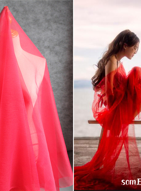 血红色泡泡纱欧根纱肌理褶皱纱手工蕾丝进口透视设计师服装布料