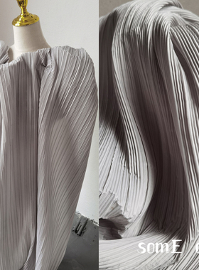 褶皱布料 三宅一生银灰色特殊肌理褶皱压褶百褶硬挺造型仿棉麻布