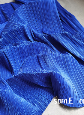 三宅一生直量克莱因蓝色硬挺造型肌理压褶皱布设计师服装仿棉麻布