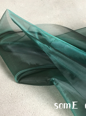 设计师加密光感欧根纱墨绿色网纱面料 肌理蕾丝进口半透视服装布