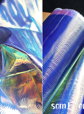 幻彩蓝色铣床纹反光镭射服装防水布料 设计皮革背景造型肌理布料