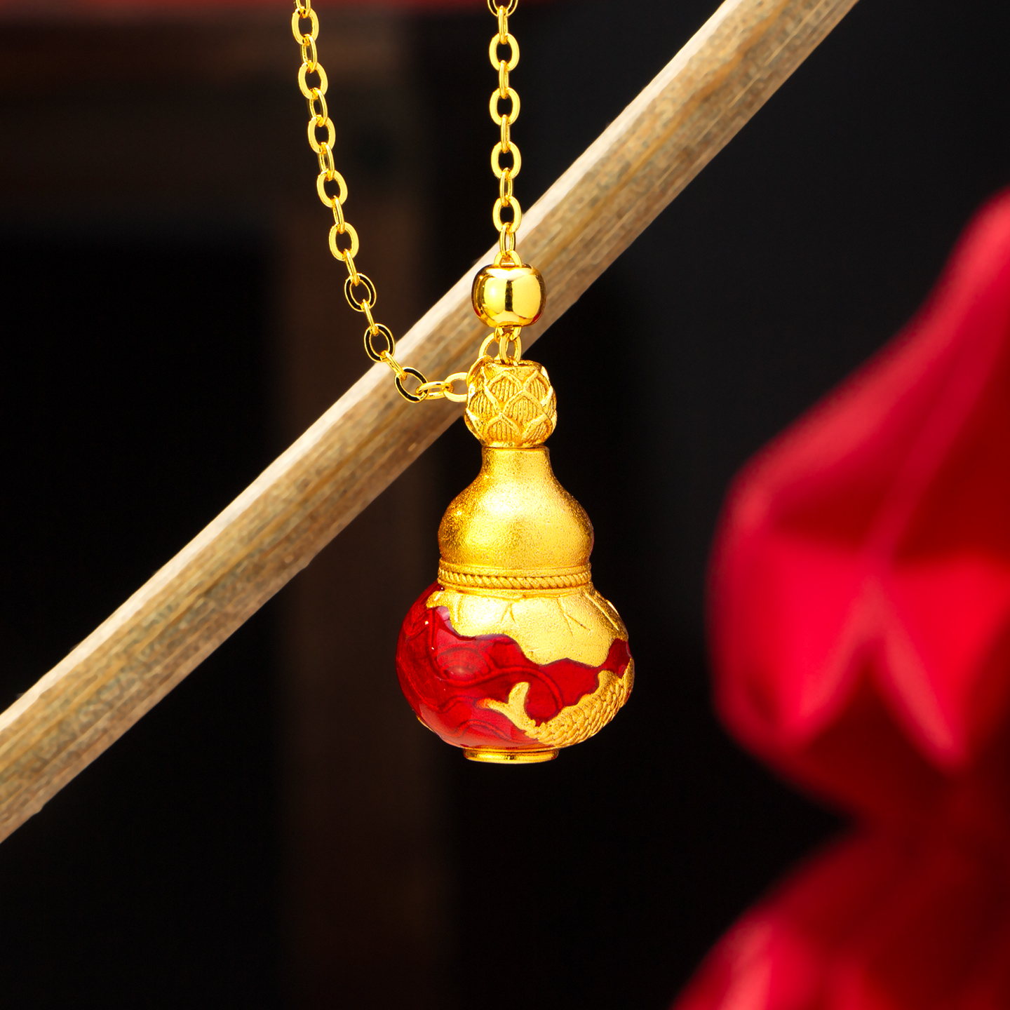 新中式仿金色珐琅拉丝葫芦项链女高级感中古风福禄双全挂坠首饰