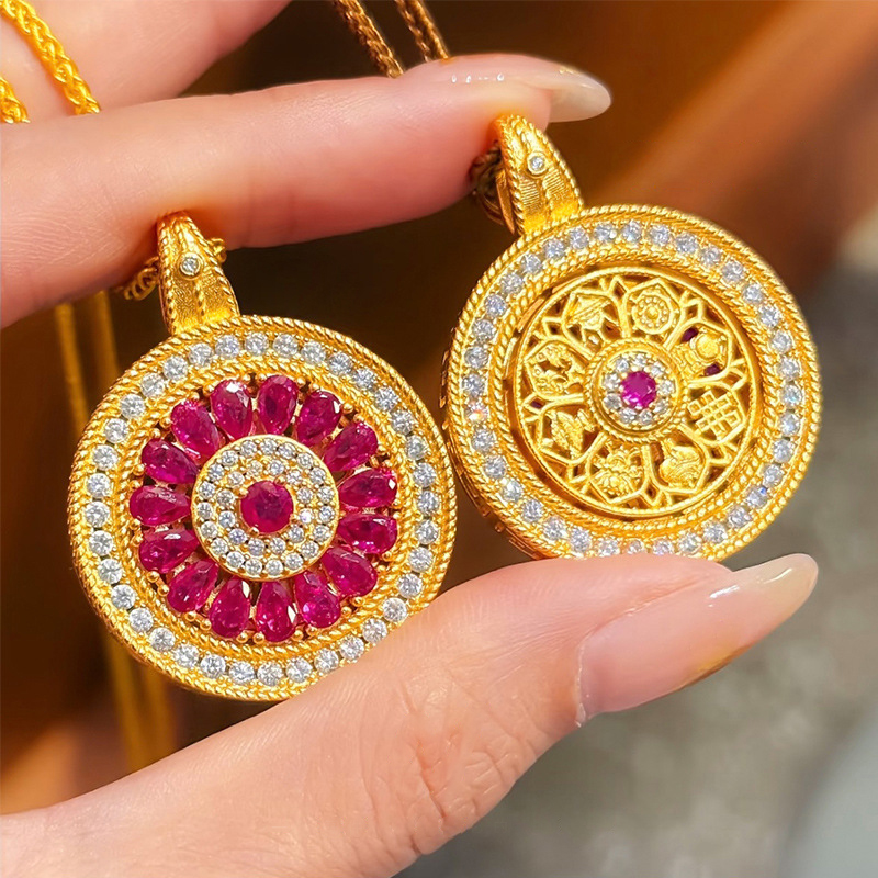 满钻玫瑰花窗吊坠可旋转罗盘项链