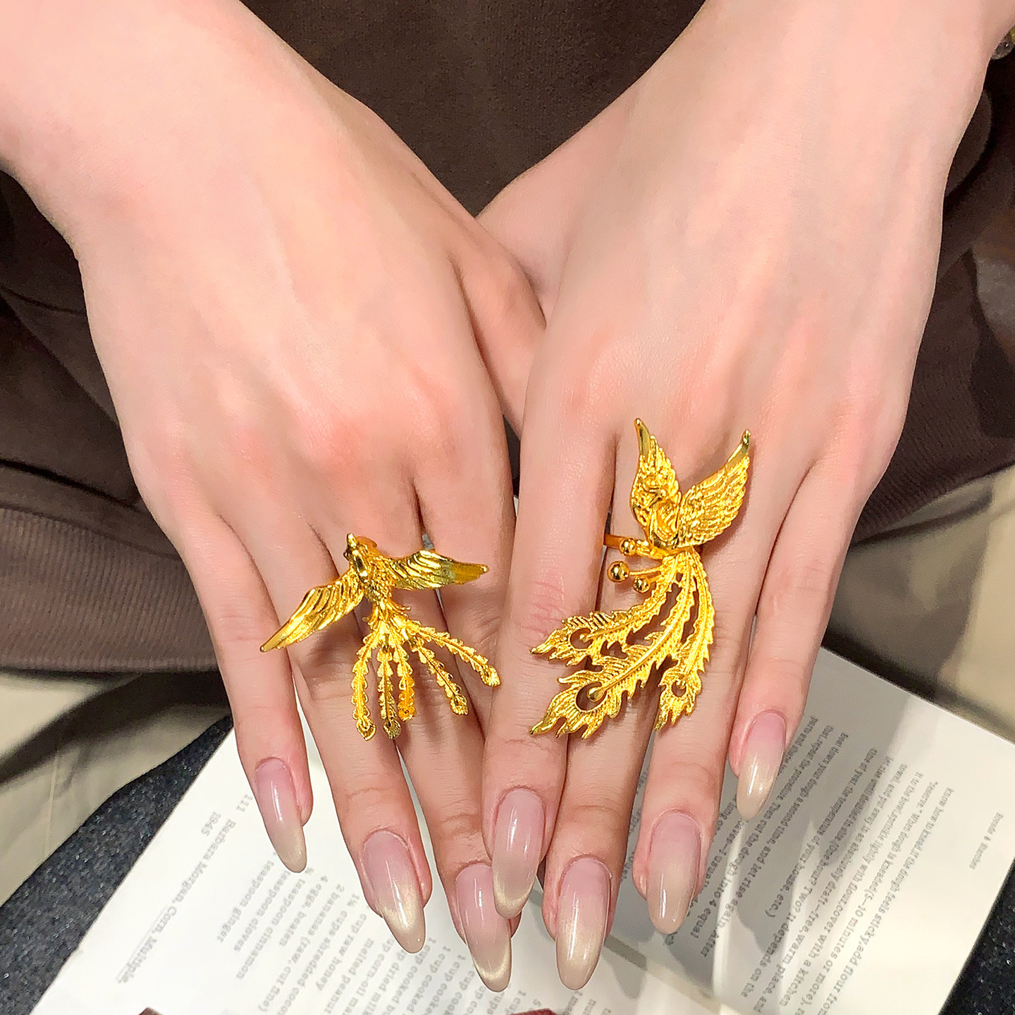 仿黄金古法立体凤凰戒指女款高级感凤舞九天开口可调节结婚指环