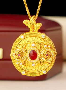 仿金色珐琅彩山茶花罗盘吊坠精致