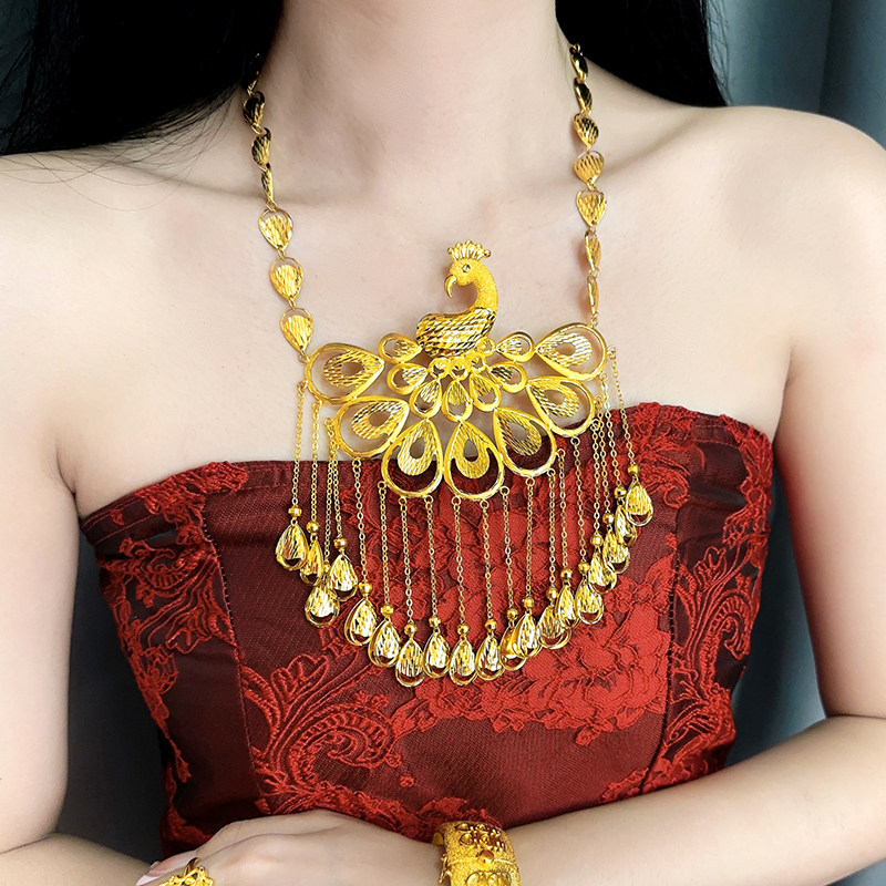 新款结婚道具镀黄金色项链女婚嫁龙凤手镯套装三金新娘陪嫁饰品