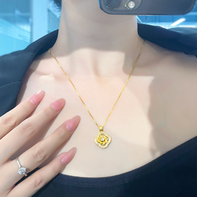 中式小红书福牌佛坠子时来运转项链吊坠锁骨链镀黄金色花丝葫芦形