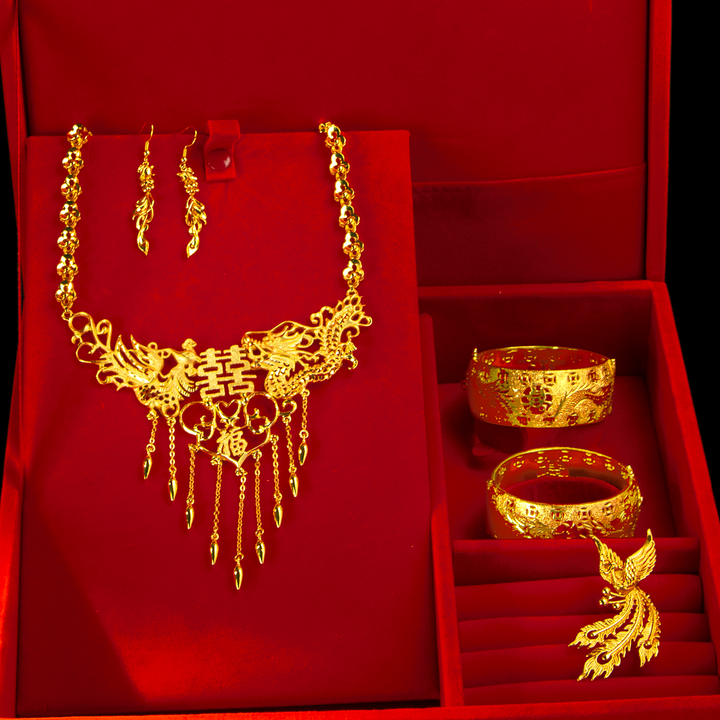 镀黄金色新娘婚庆龙凤喜字流苏项链结婚金饰三金五金拍照道具套装