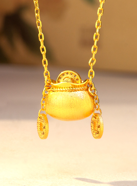 仿金色钱袋流苏铜钱吊坠小巧套链