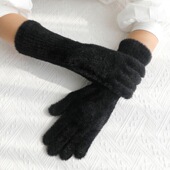 软糯毛绒手套女冬季 韩风简约少女心纯色长腕保暖五指露指触控屏幕
