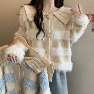 高級(jí)感氣質(zhì)娃娃領(lǐng)條紋開(kāi)衫 大碼 外套女秋冬胖mm洋氣小香風(fēng)針織毛衣
