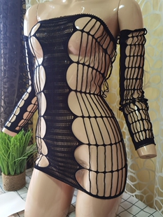 大弹力网眼镂空超短睡裙含手套 也可穿 仅需9.9 大码 清仓特价
