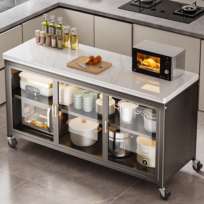 岩板厨房置物柜多功能切菜桌操作台多层餐边储物玻璃柜移动小岛台