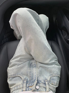 浅蓝阔腿牛仔裤女2025夏季新款小个子显瘦烫钻设计感宽松直筒裤子