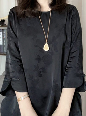 国风新中式七分袖提花上衣女夏季新款时尚百搭宽松显瘦小衬衫衫