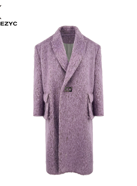 KZ.KSIEZYC 设计师品牌 极简风紫色女长款西装领单排扣毛呢大衣