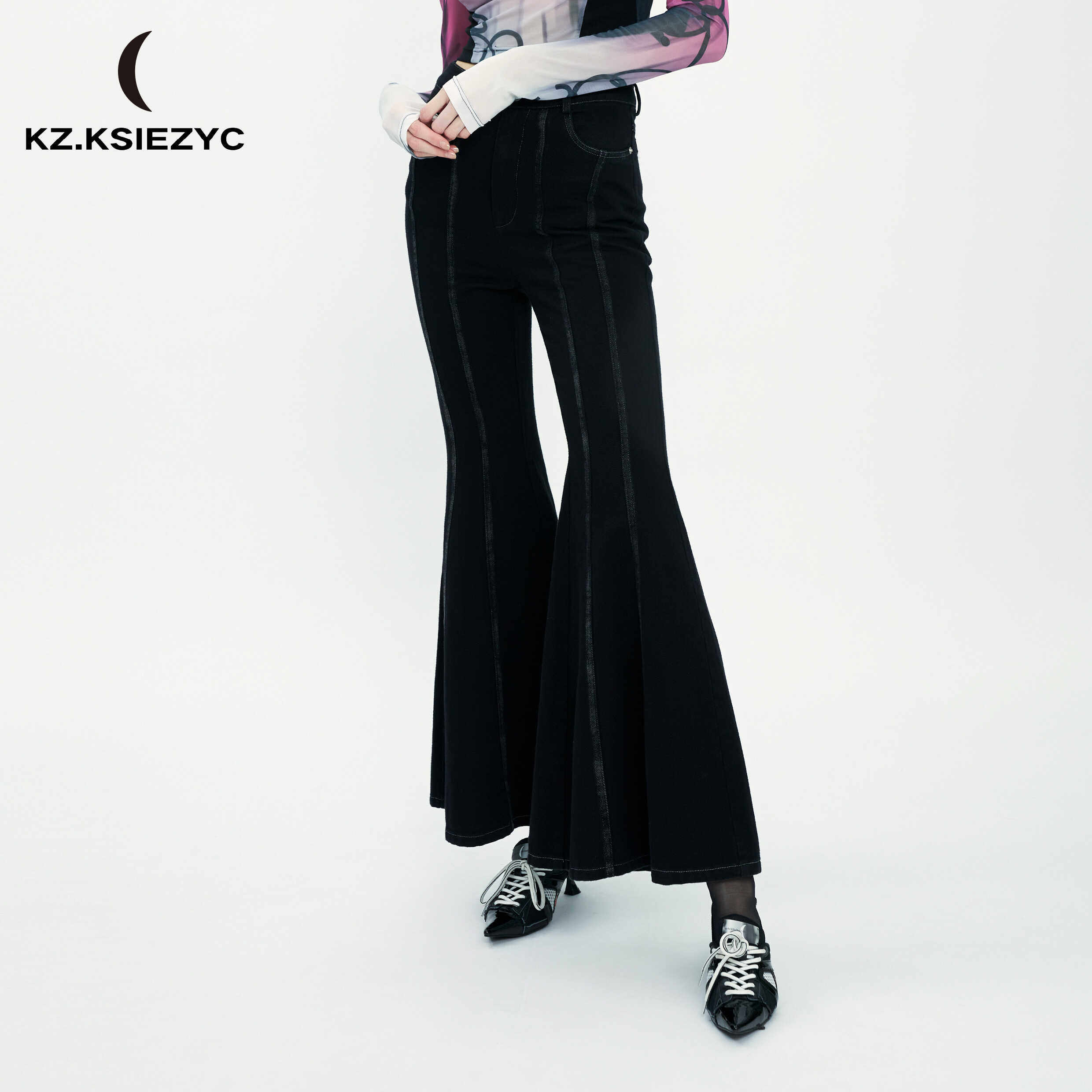 【官方正品】KSIEZYC月明 显瘦阔脚黑色牛仔喇叭裤女款
