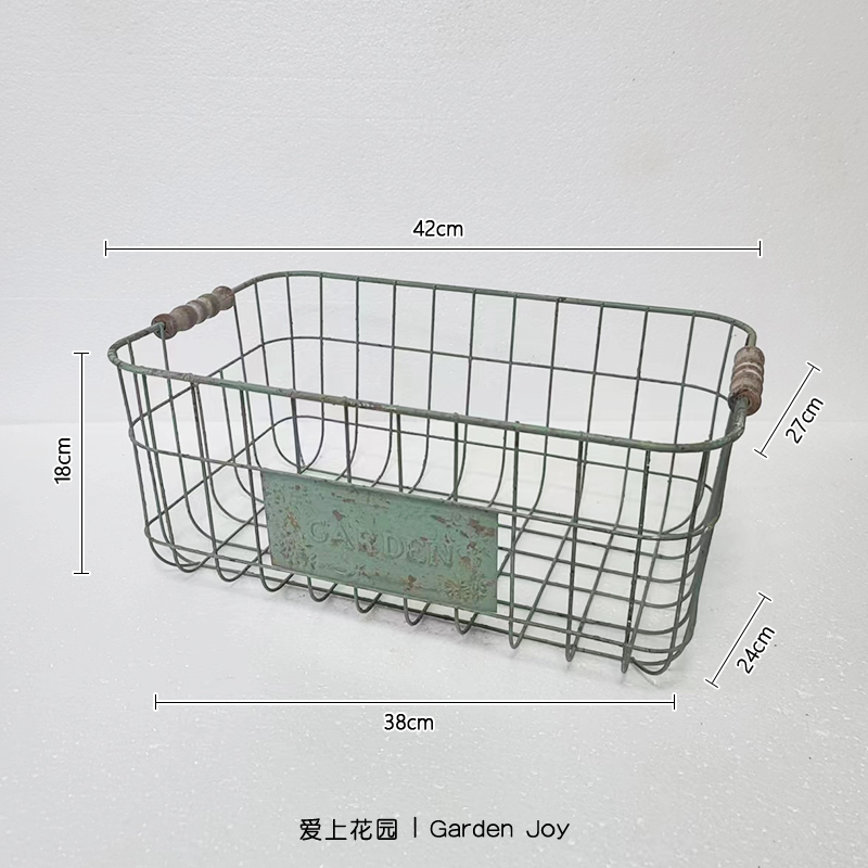 爱上花园|园艺杂货 花园露台装饰摆件 铁丝篮做旧浅绿长方收纳筐