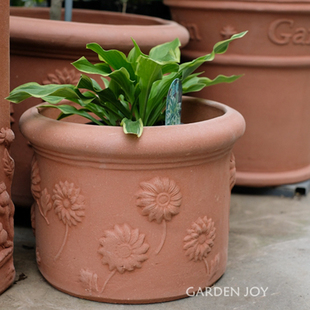 爱上花园|粗制陶缸 阳台庭院装饰花盆圆形菊花浮雕直桶盆