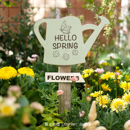 爱上花园园艺杂货 园艺单杆木牌装饰 水壶木牌花插HELLO SPRING
