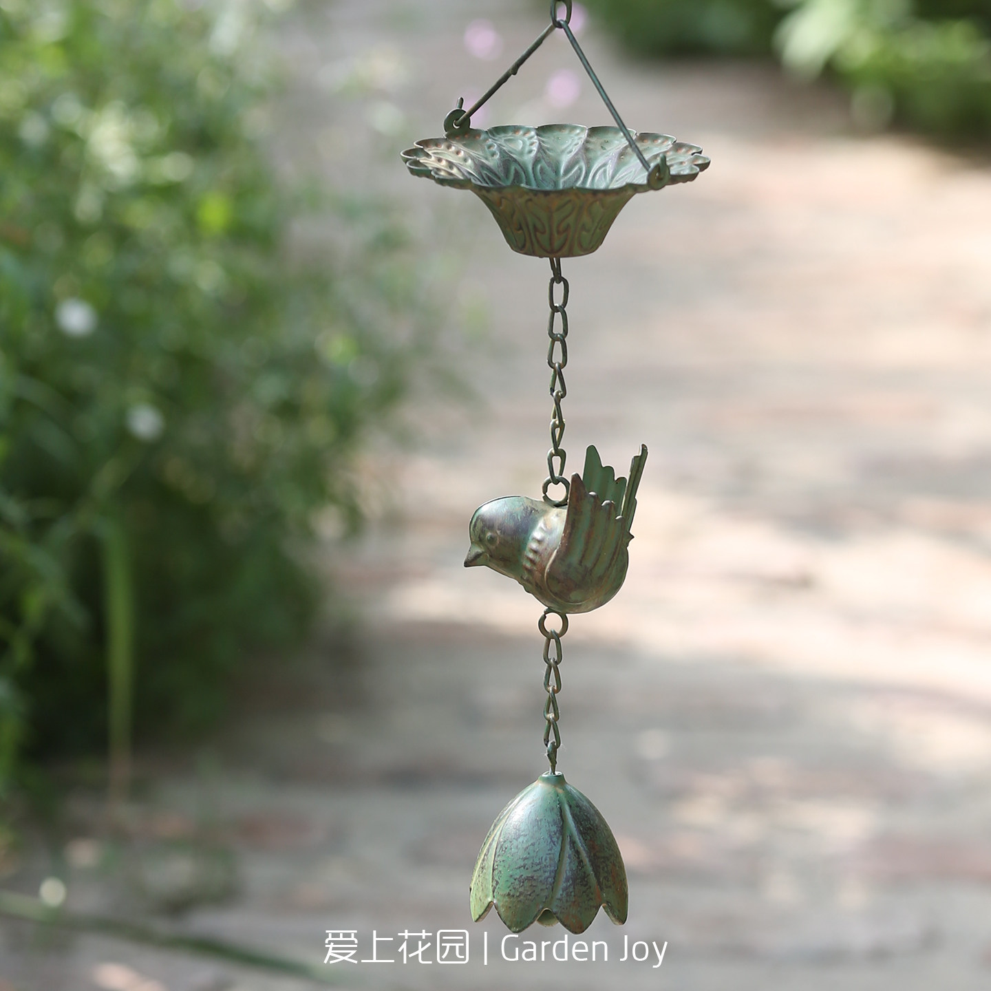 爱上花园杂货花园庭院阳台装饰悬挂风铃铁艺做旧小鸟雨链风铃