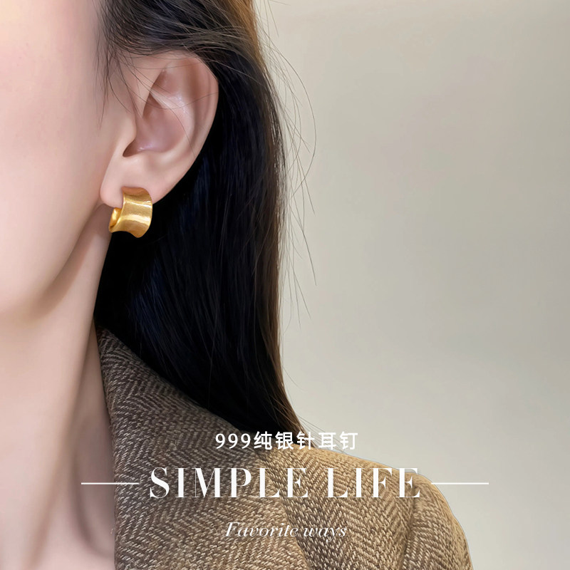 999纯银耳针磨砂金属拉丝耳钉耳饰女宽面轻奢日系新款爆款耳环
