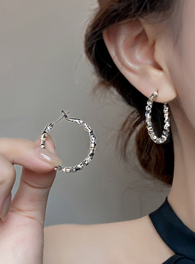 999纯银耳针耳圈碎银子大圆圈素圈耳扣耳环2025新款爆款高级耳饰