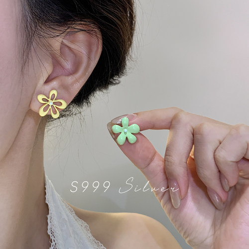 999纯银多巴胺彩色花朵耳钉