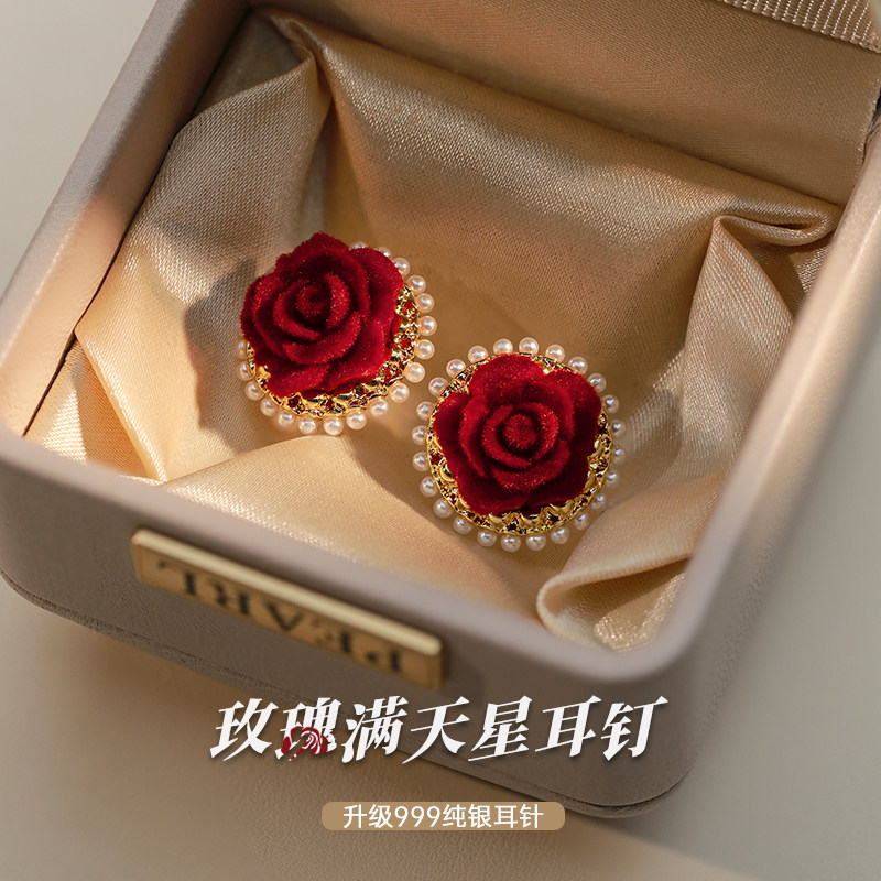 999纯银耳针安可拉红玫瑰耳钉图片