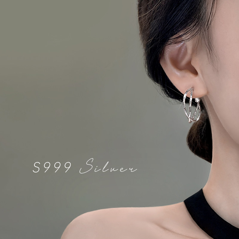 999纯银耳针双环细闪金色耳环女款耳圈圆圈轻奢2026新款爆款耳饰