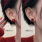 安可拉红色珍珠耳钉999纯银耳环正圆秋冬高级感复古气质过年耳饰