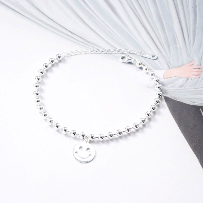 s925纯银emoji简约表情笑脸韩国版手链女圆珠素银学生情侣韩版ins