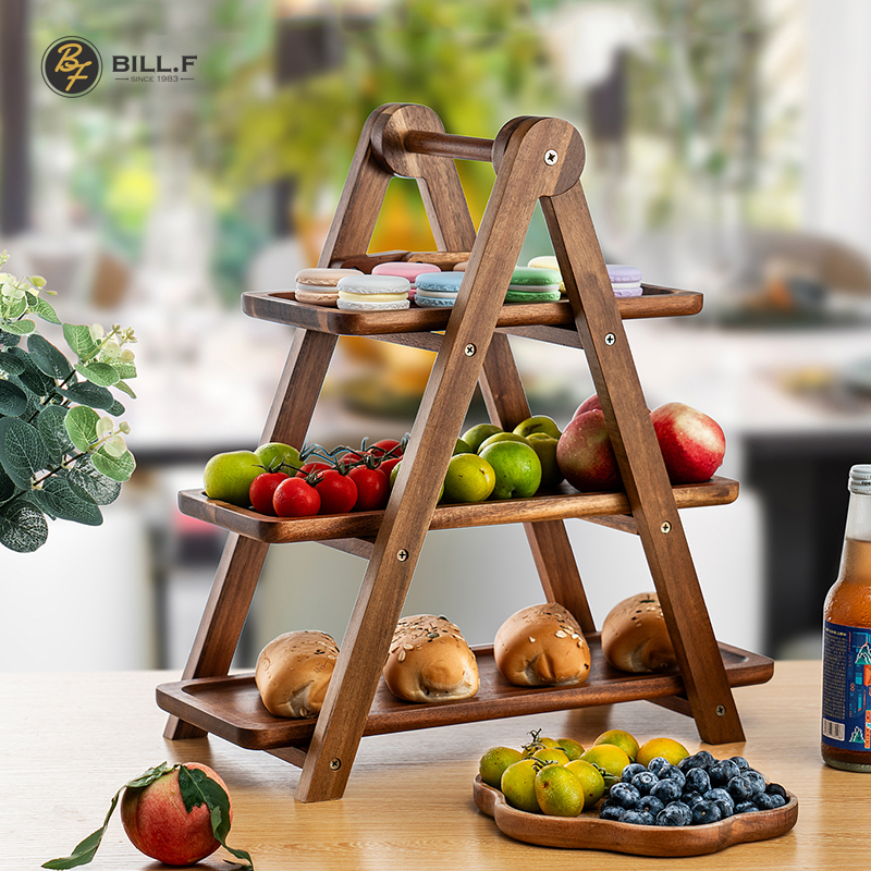 Bill.F相思木三层食物点心架子水果托盘户外野炊餐厅折叠收纳携带